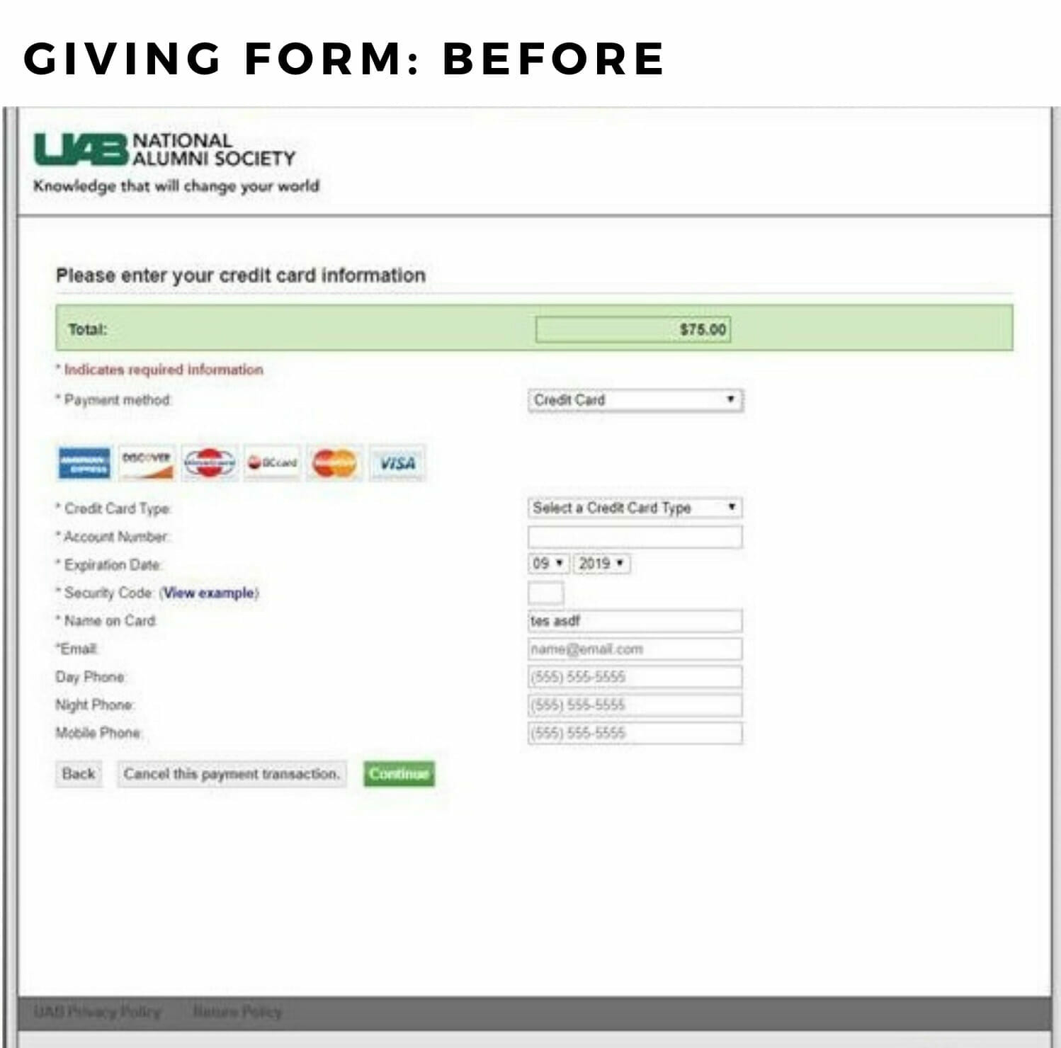 Screenshot of what the UAB Alumni website giving form looked like before implementation