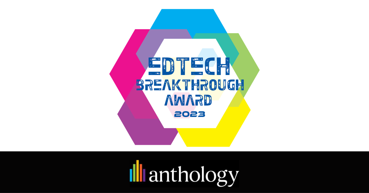 Purple, pink, yellow, green and blue EdTech Breakthrough Award logo on white background, over Anthology logo. 