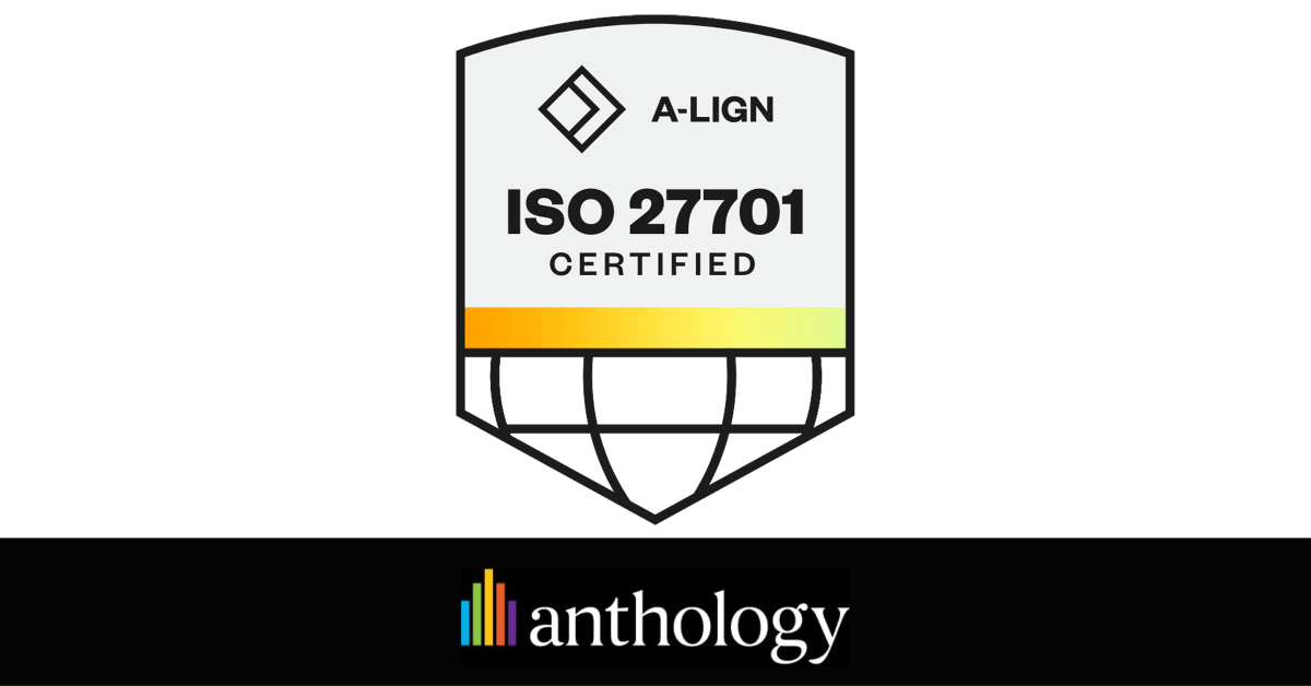 ISO 27701 Certified by A-LIGN badge locked up over the Anthology logo
