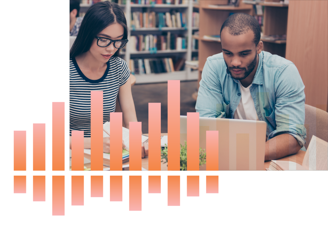 Photo of two people working in a library with a graphical overlay