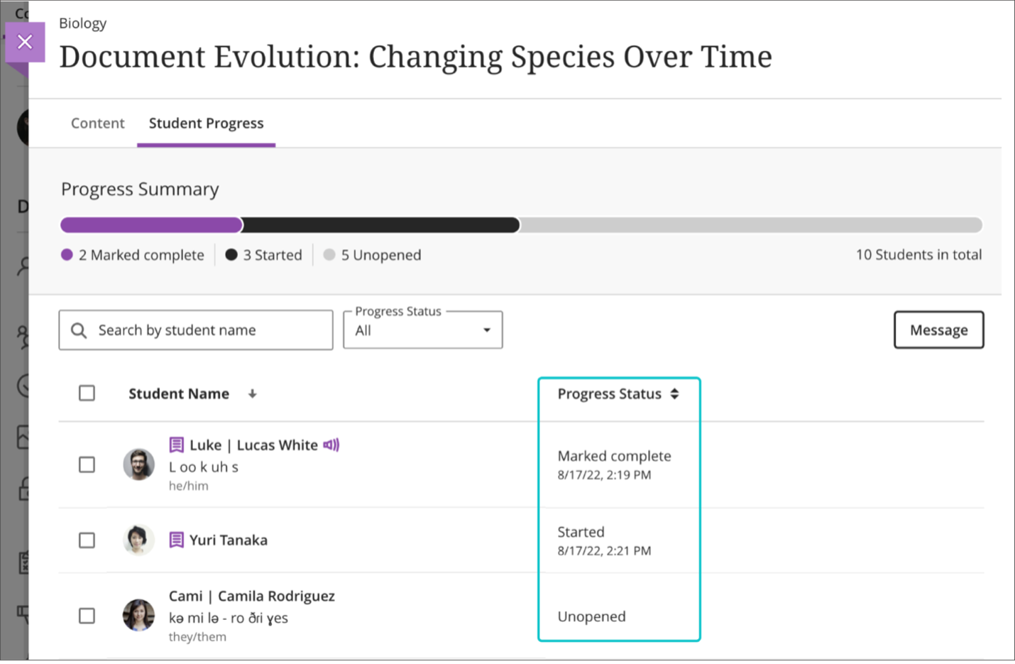 View of progress report for individual items on Blackboard Learn Ultra