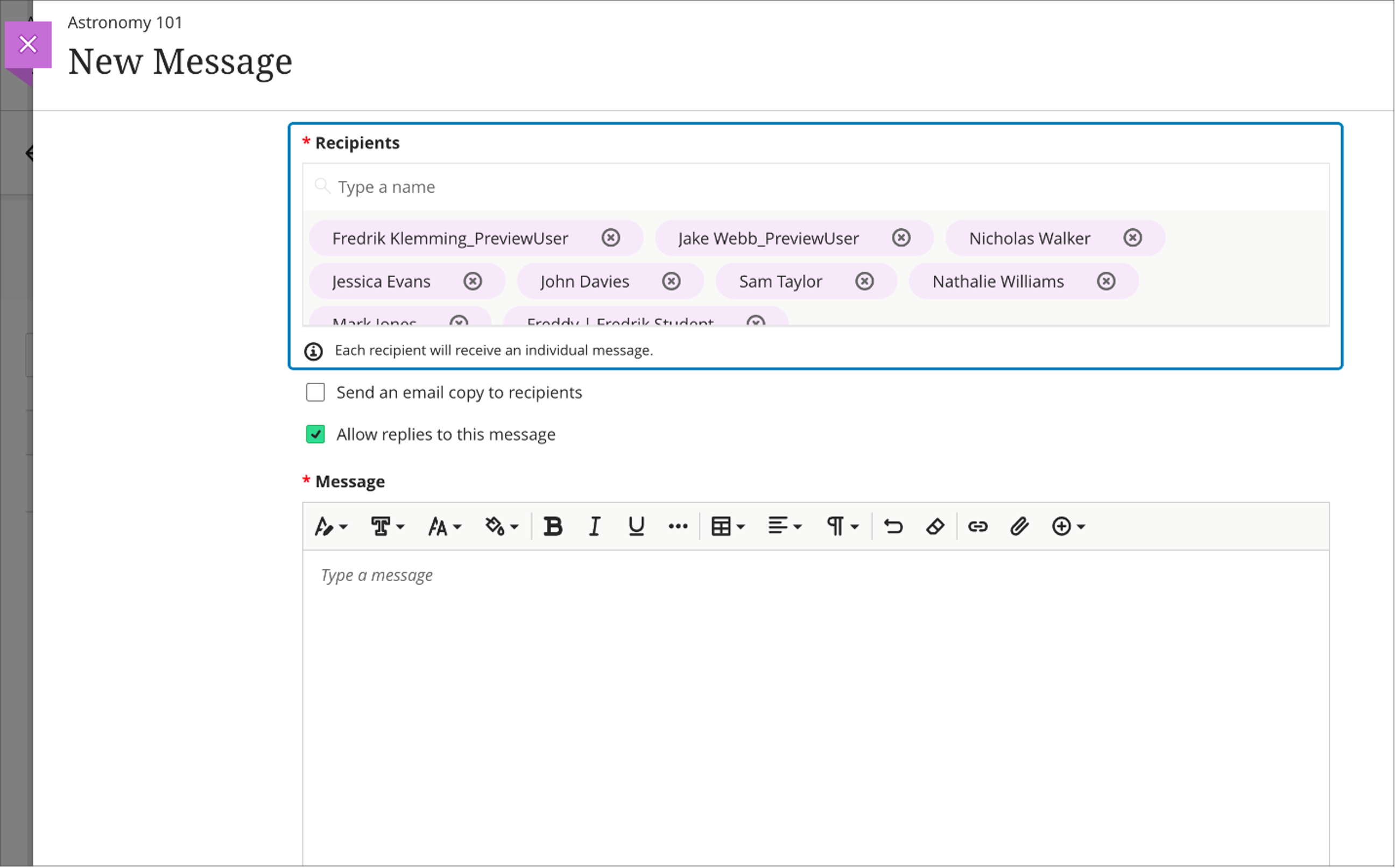 Image 4. Instructor view of the messaging page with selected recipients