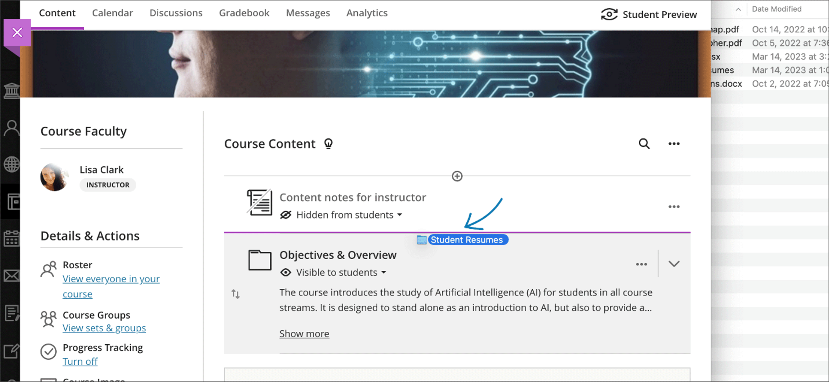 Image 8. Dragging folder from computer to Course Content page