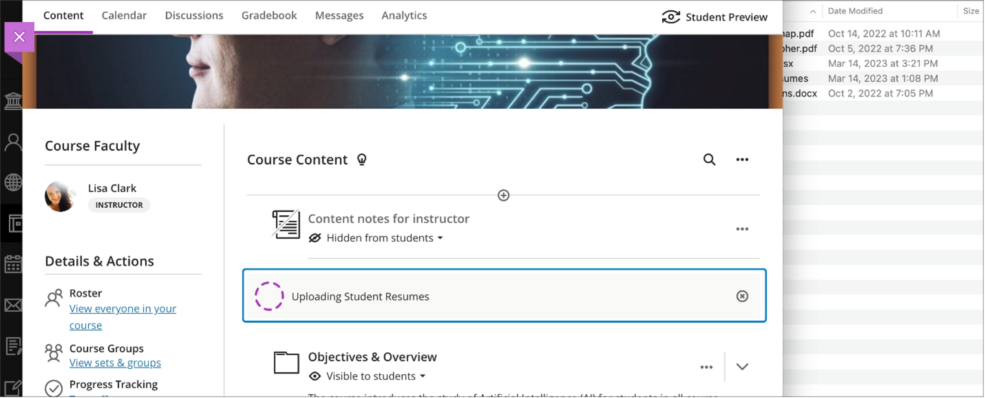 Image 9. Dropped folder and files uploading to the Course Content pageDropped folder and files uploading to the Course Content page