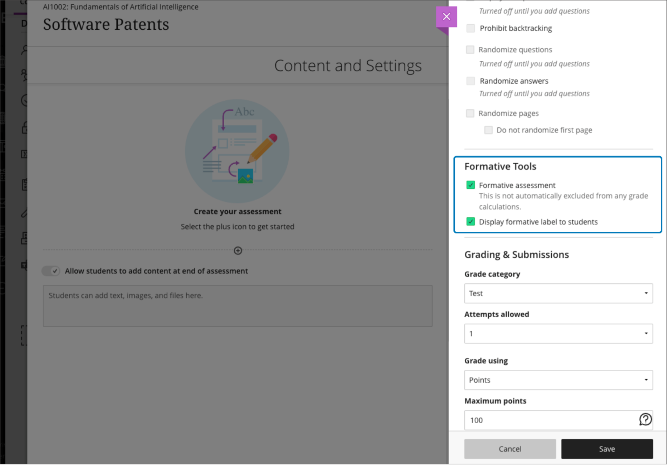 Instructor view – Assessment settings panel – Formative Tools section