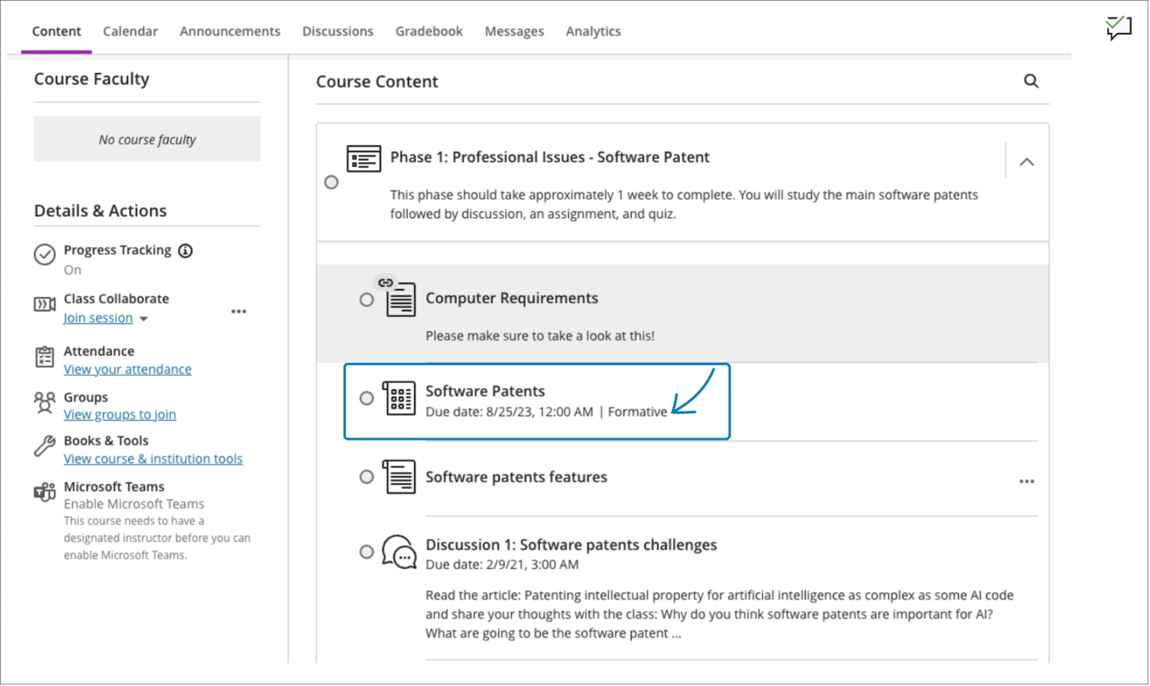 Student View – assessment labeled as formative on course content page