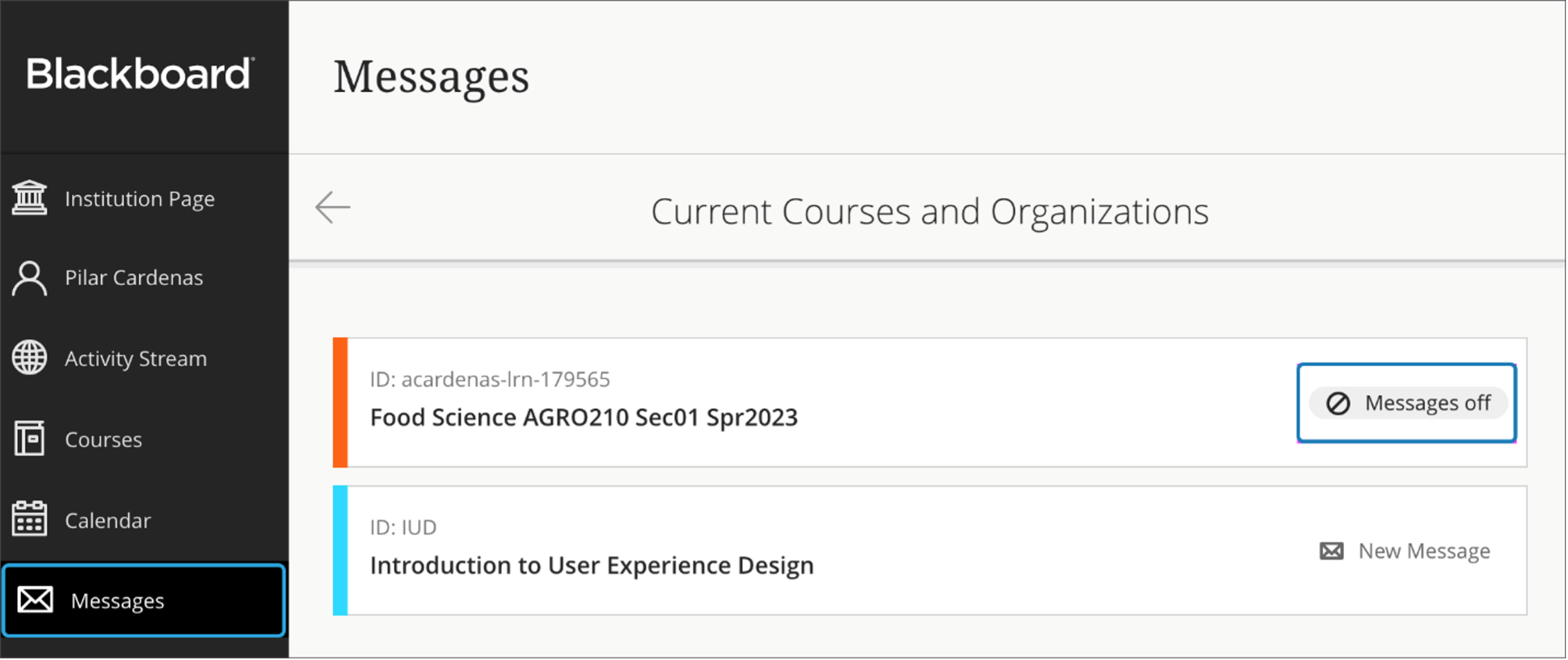 The Messages policy applied displays for each course and organization in the Base Navigation