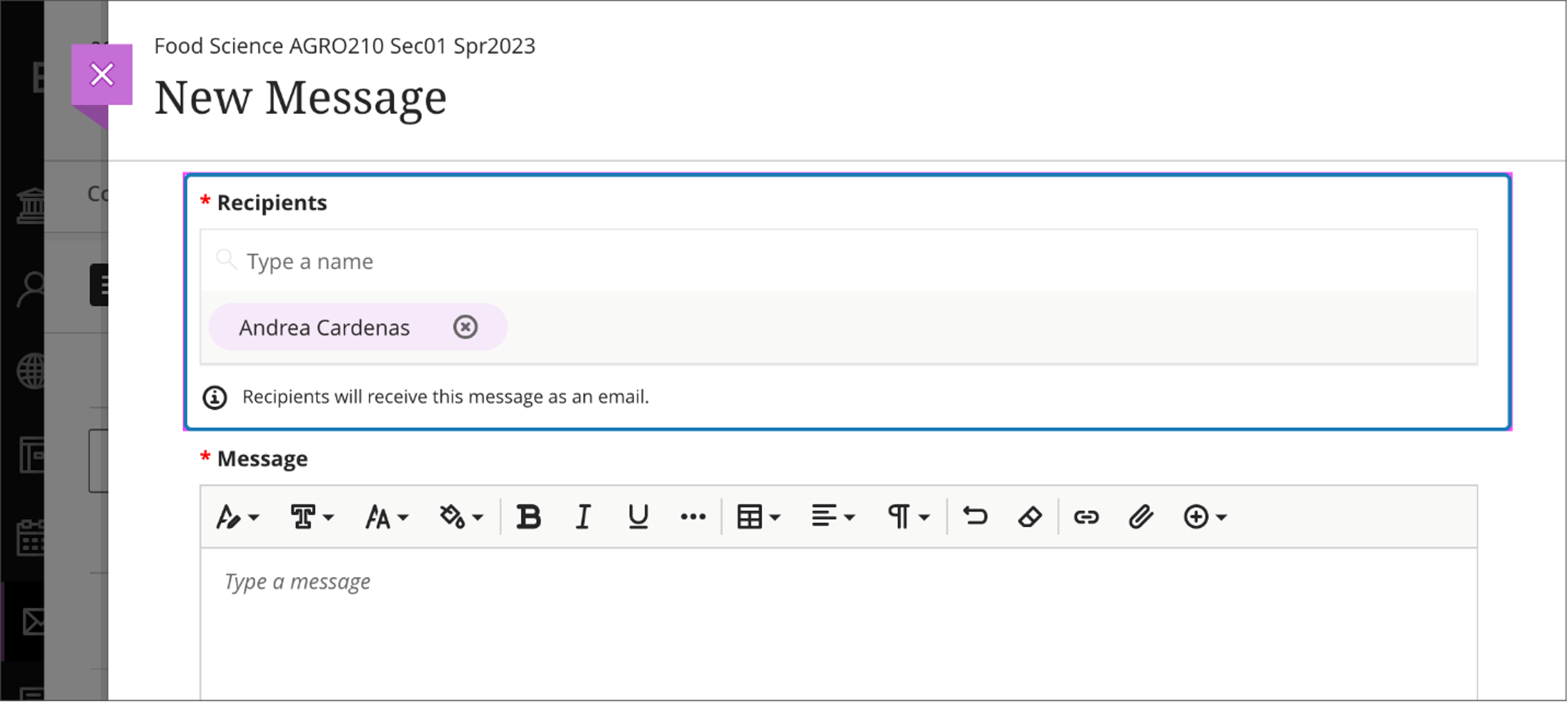 Instructors may edit recipients when sending a message as an email and the Messages tool is off