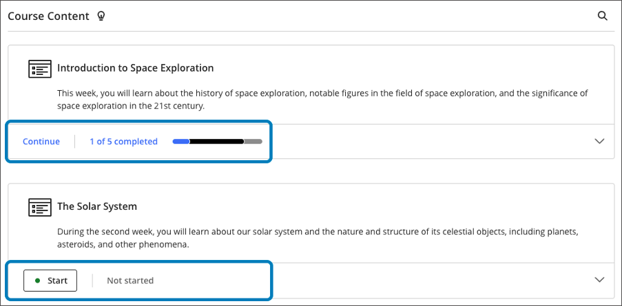 The progress indicator displays at the top level of the learning module and includes the total number of items in the learning module