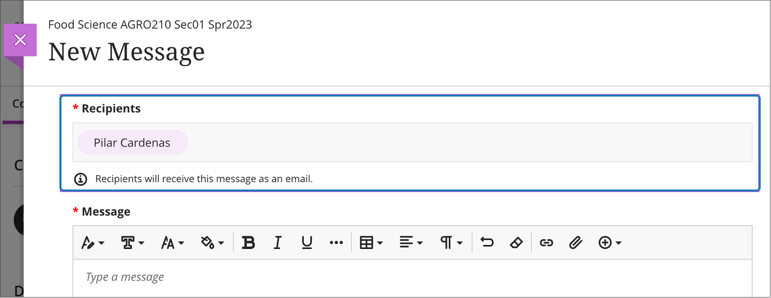 Students cannot edit recipients when sending a message as an email to an instructor and the Messages tool is off
