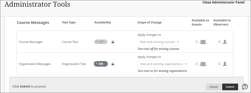 Messages visibility controls from the Administrator Tools Panel