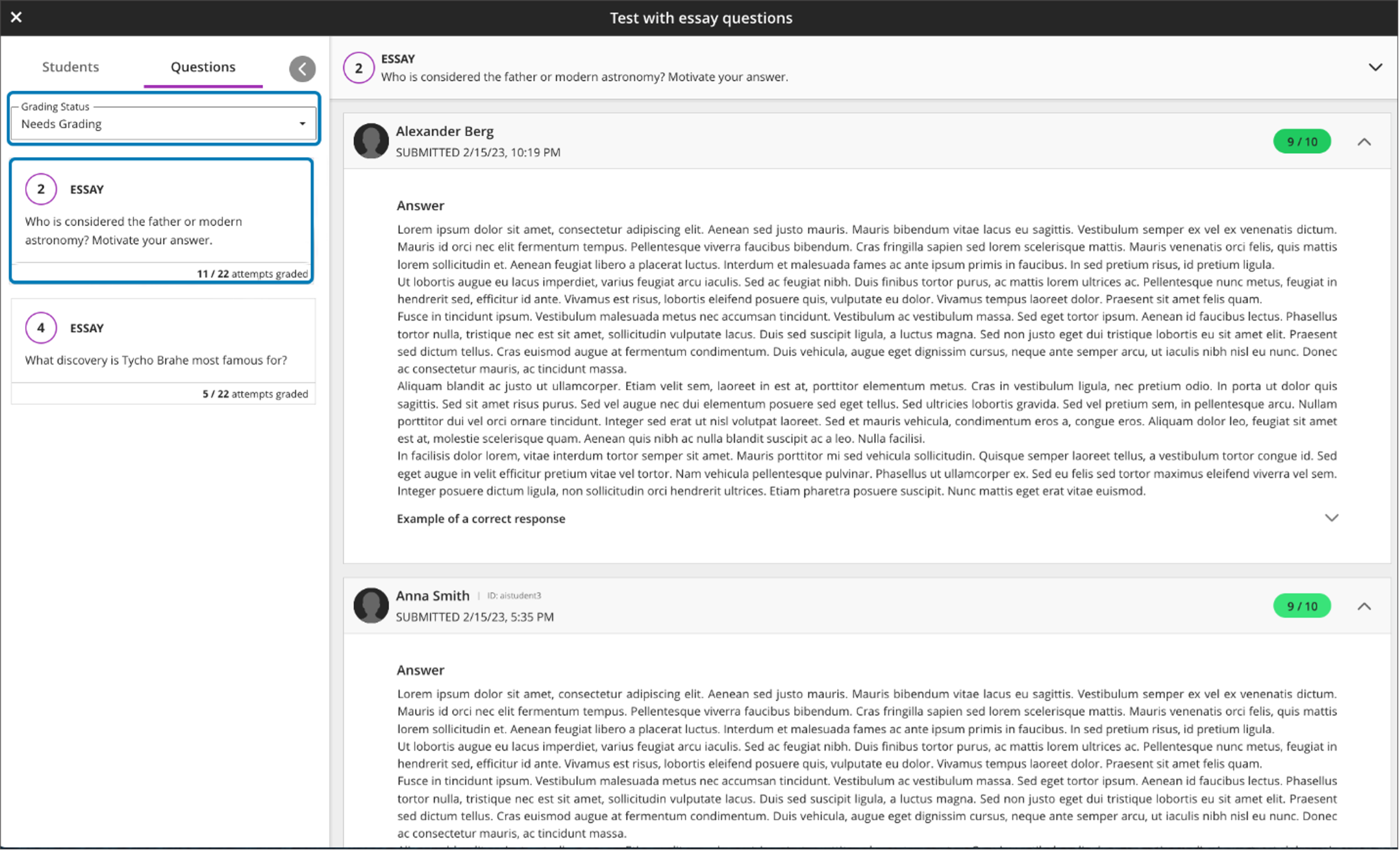 Instructor view of grading a test by question; the Needs Grading filter is applied to filter out any automatically graded questions