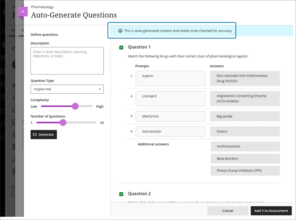 Define, select, and add questions to an assessment