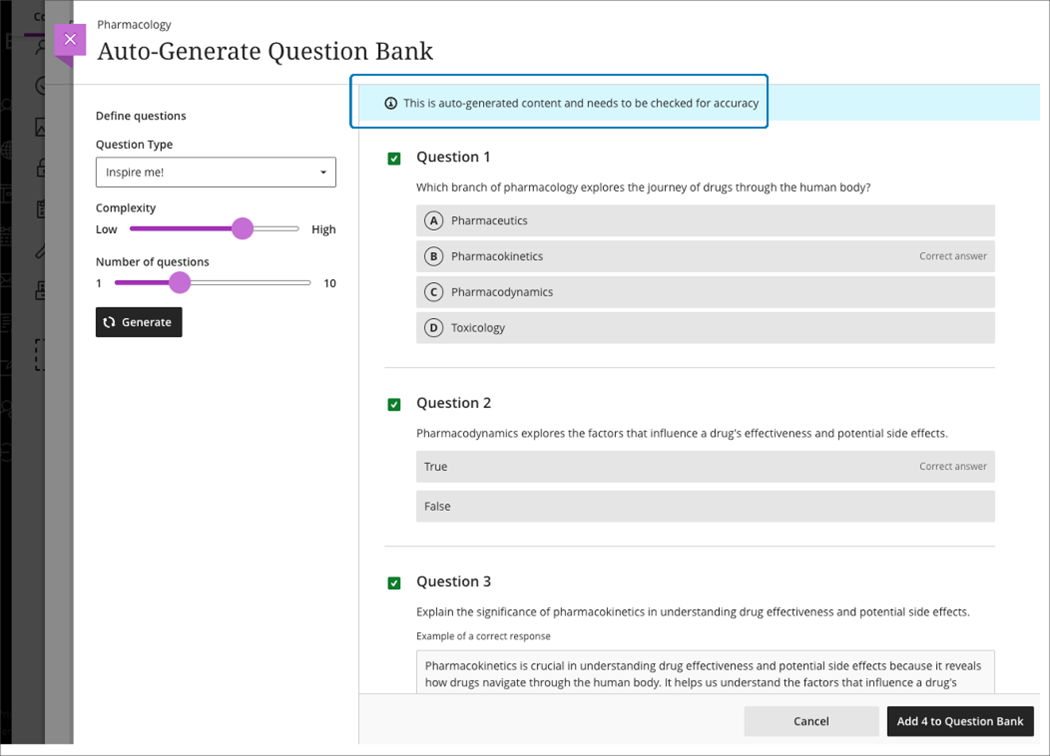 Define, select, and add questions to a question bank