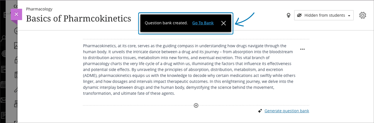 Confirmation of the question bank creation with an option to navigate to the bank