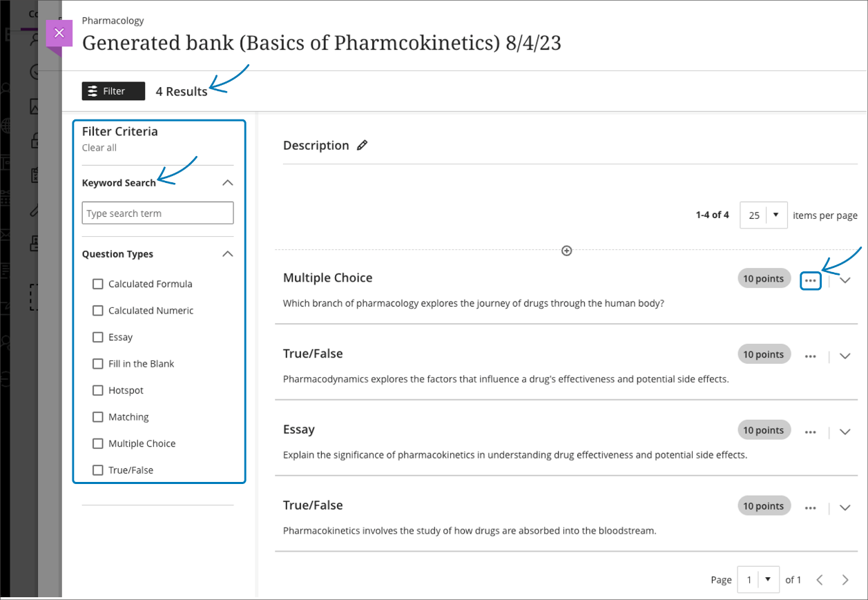 Generated question bank, with options to filter, search, and edit questions