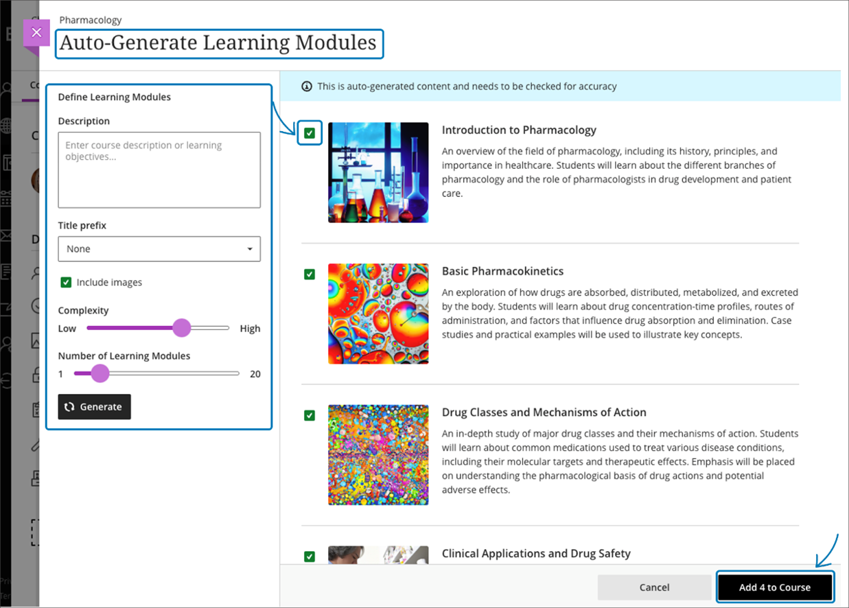 Auto-generated modules with an option to select and add to the course