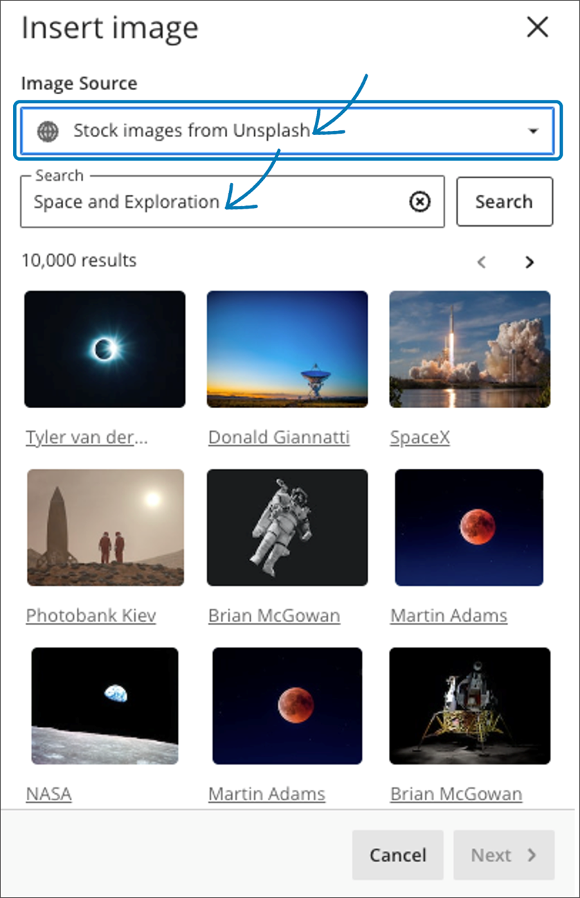 Enter keyword(s) and search stock images from Unsplash