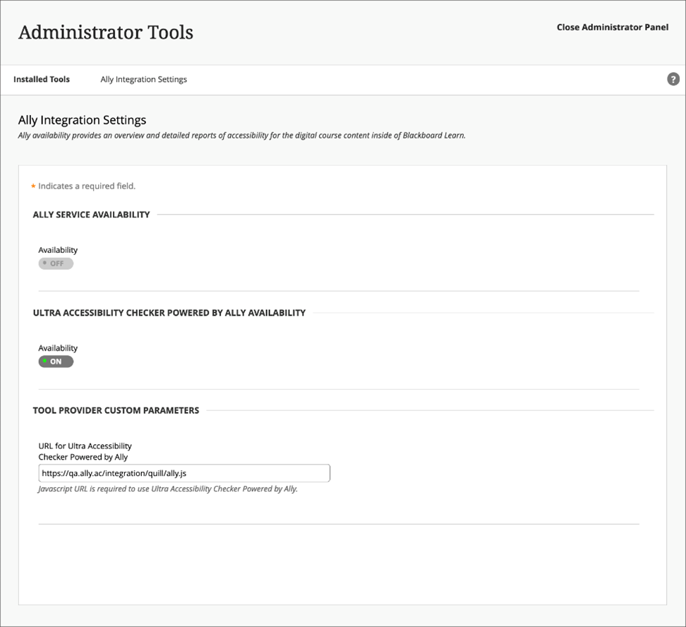 Administrator view – Ally integration settings