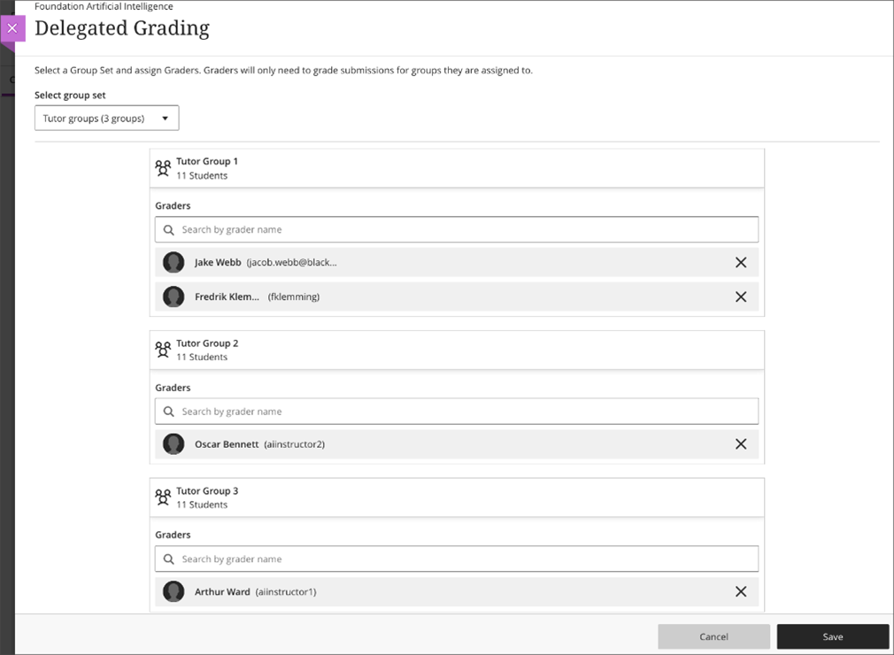 Instructor view of the completed Delegated Grading set up where all groups have been aligned to one or more graders 