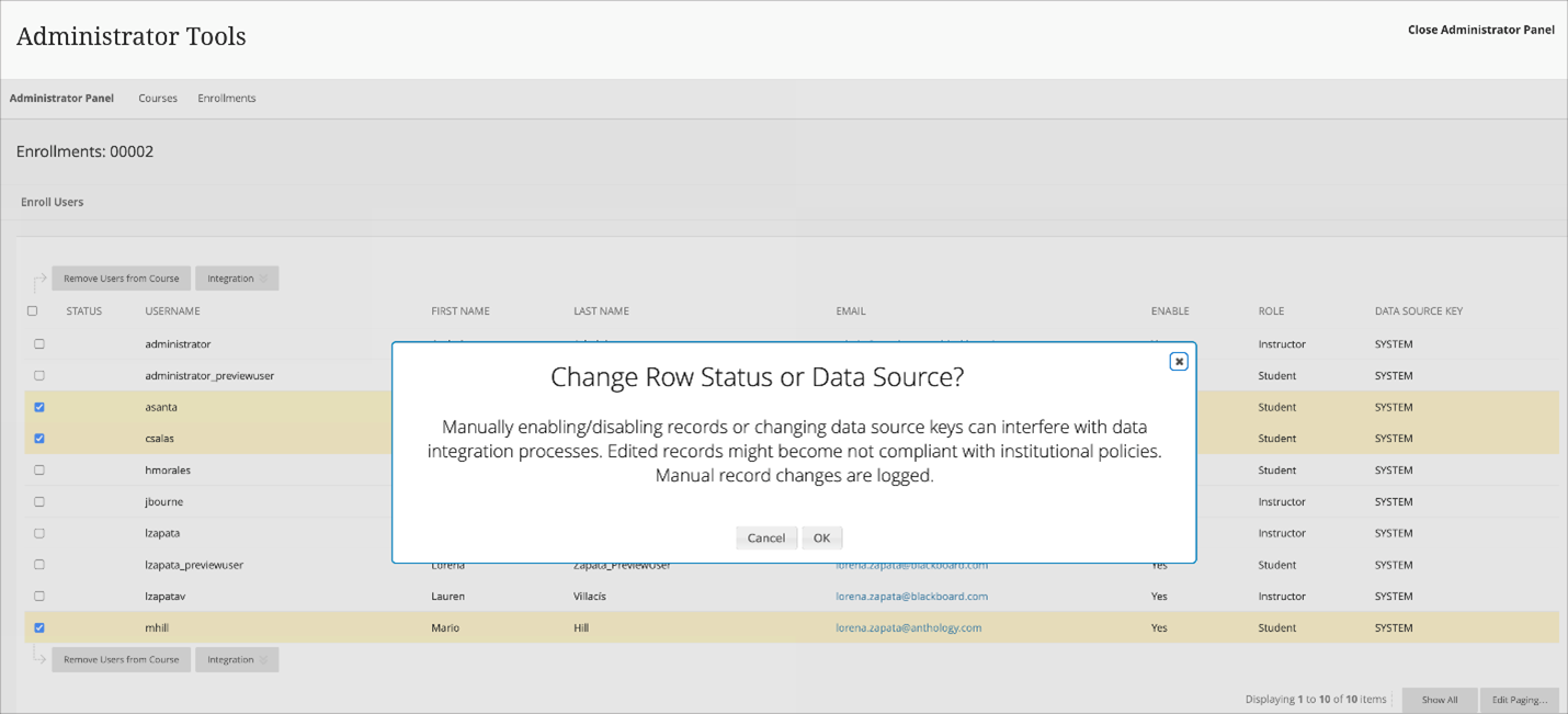 Confirmation of change to row status or data source