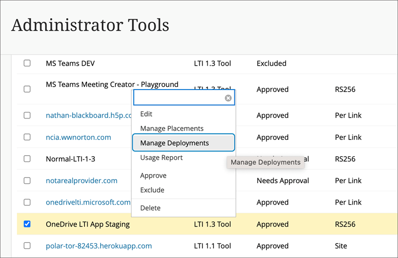 The Manage Deployments option in tool provider menus 