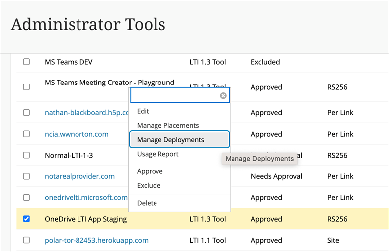 The Manage Deployments option in tool provider menus