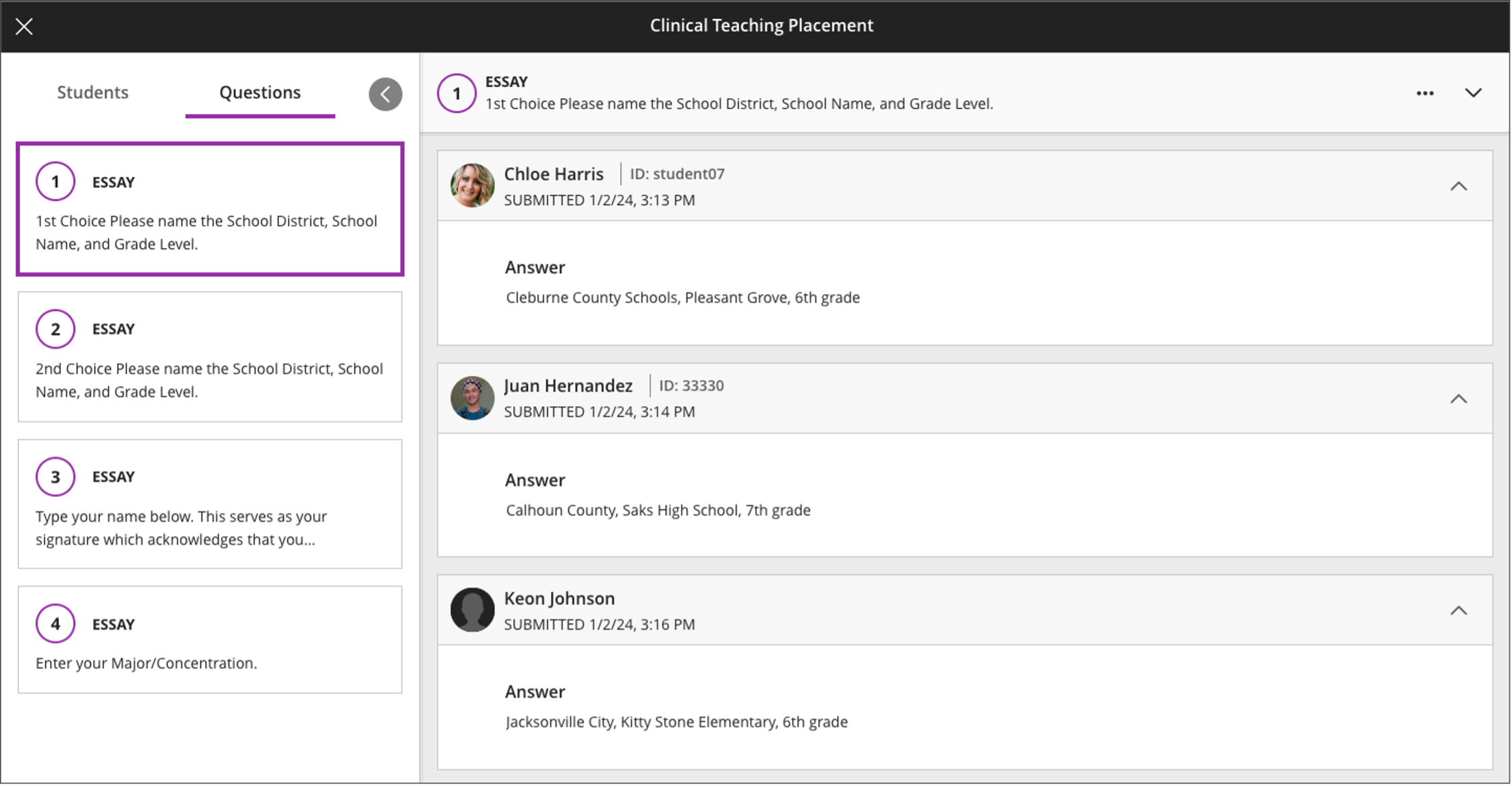 Ungraded Form submissions by question