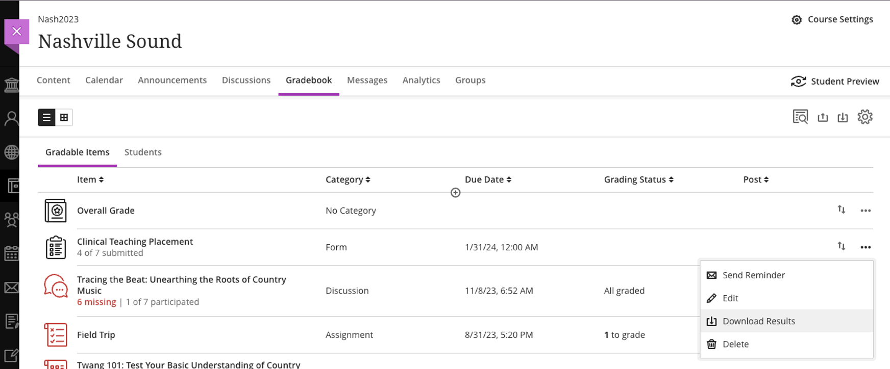 Download Form results from Gradable Items view