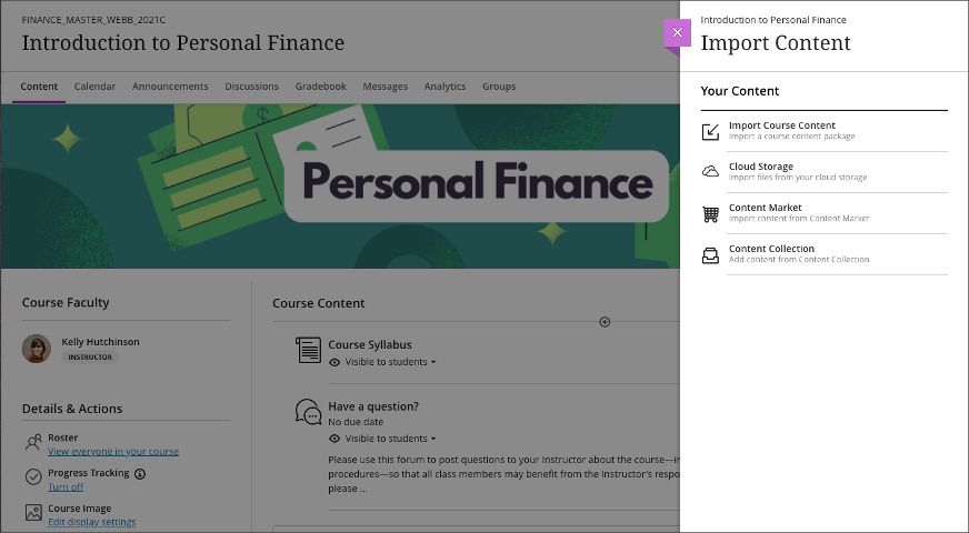 Import Content panel open on a course displaying import options