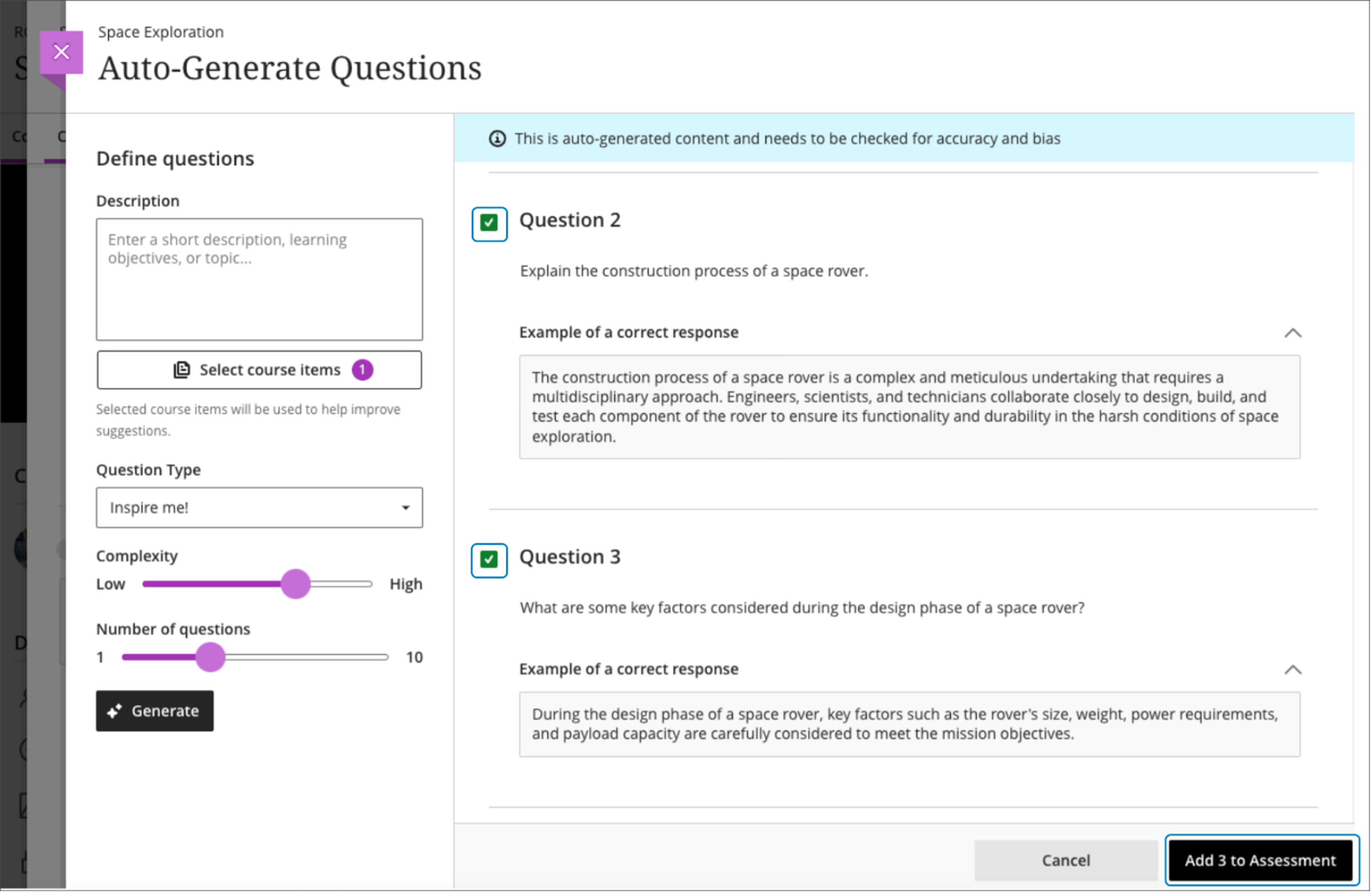 Select questions generated and add them to your assessment