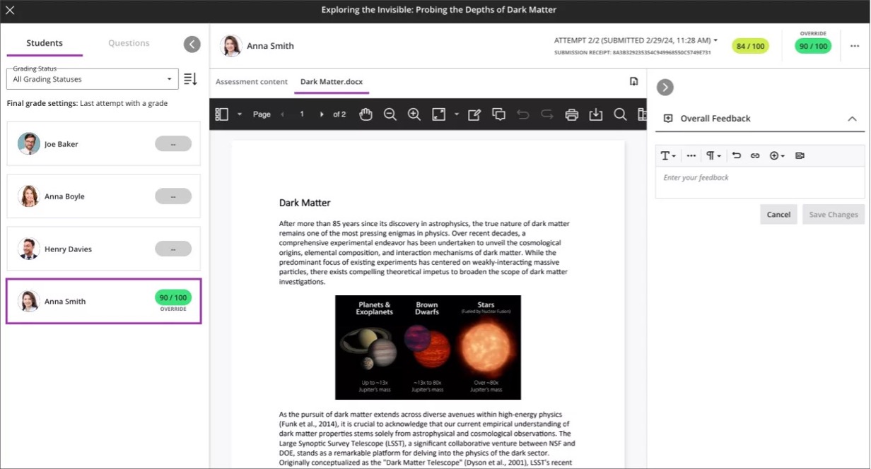 Instructor view displaying a graded submission where a grade override has been applied