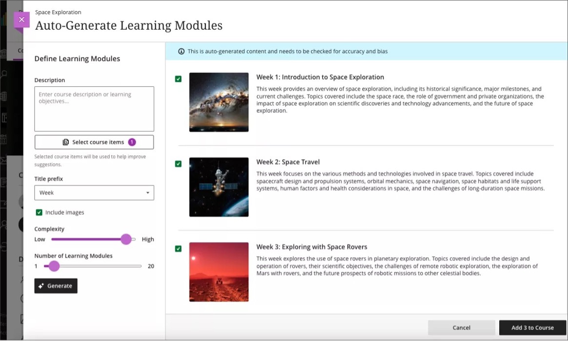 Select generated Learning Modules and add them to your course