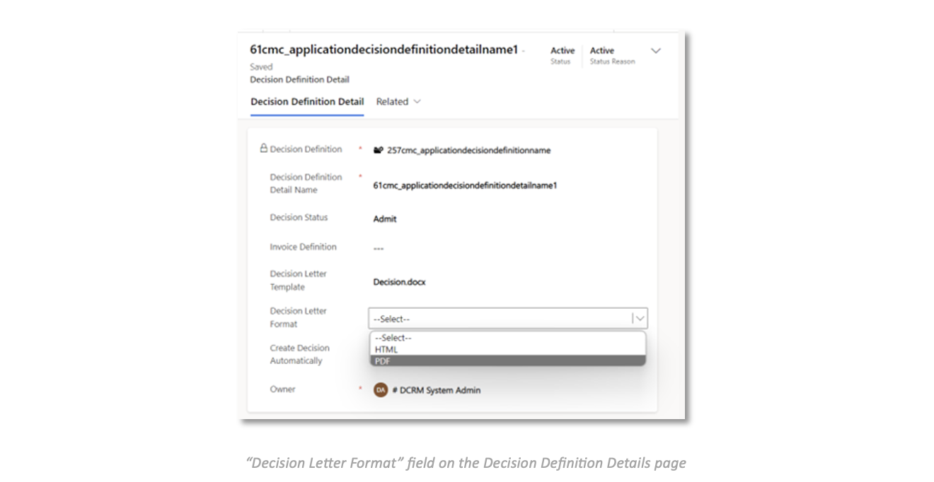 Decision Letter Format field on the Decision Definition Details page