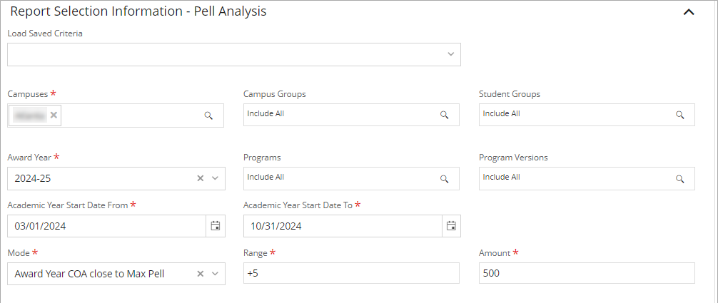 Pell Analysis report configuration screen