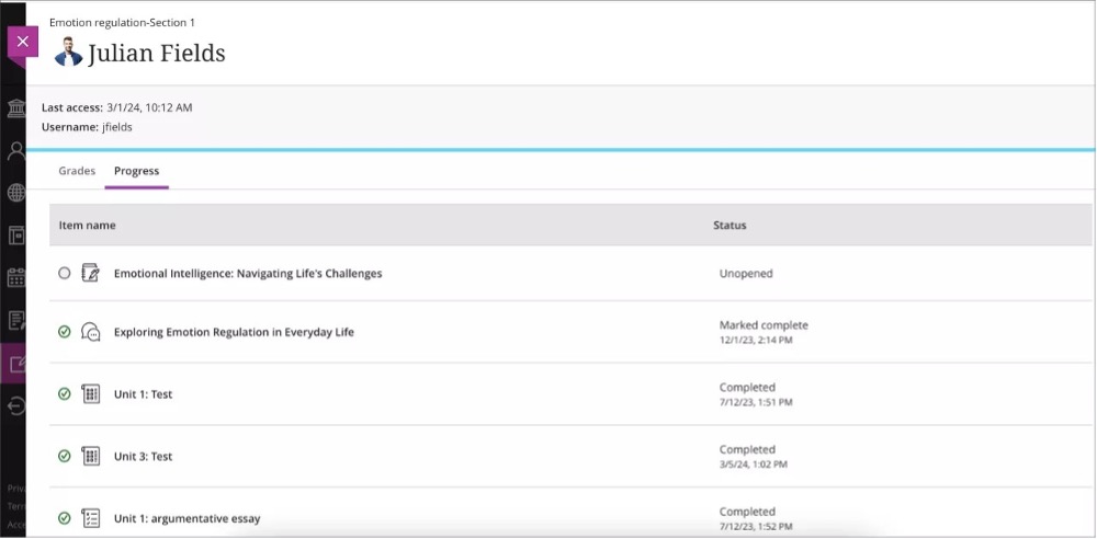 Observer view of a student’s progress in a Learn Ultra course