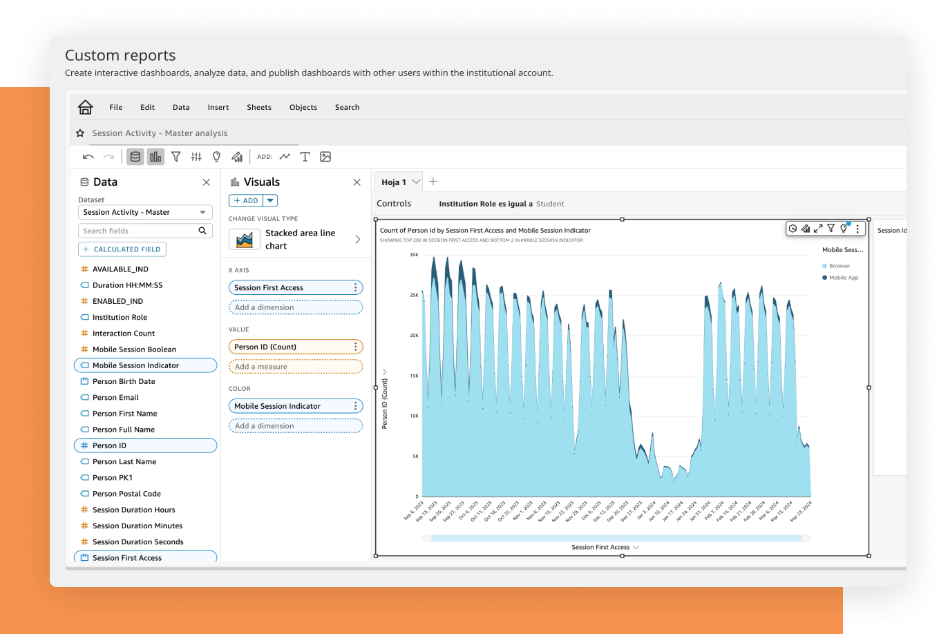 Screenshot of the Anthology Illuminate custom reports screen over an orange square