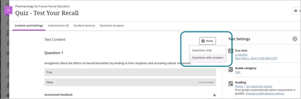 Print answer key option