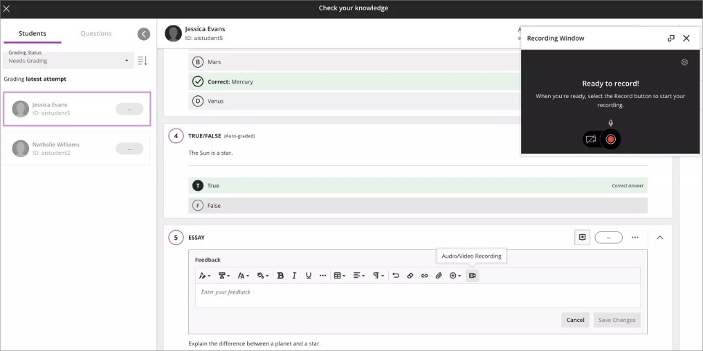 Question feedback recording option when grading a test by student