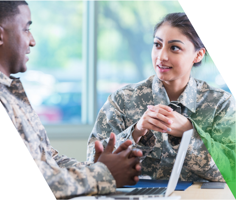 Photo of two people in fatigues working together
