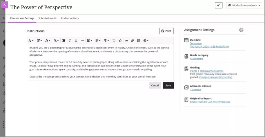 Instructor view of adding instructions to an assignment