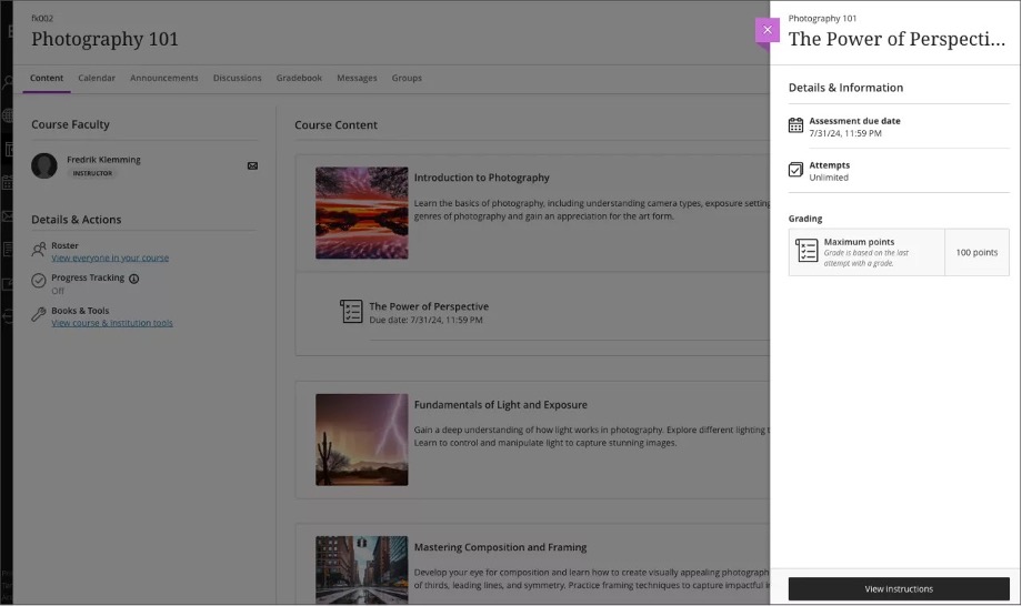 Students view of the new Assignment Information panel and the View Instructions option