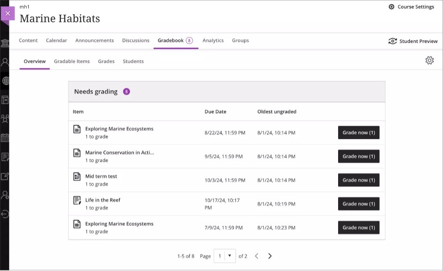 Image 1. Instructor view of the new Needs Grading count on the Gradebook tab and the Needs Grading section on the new Overview page