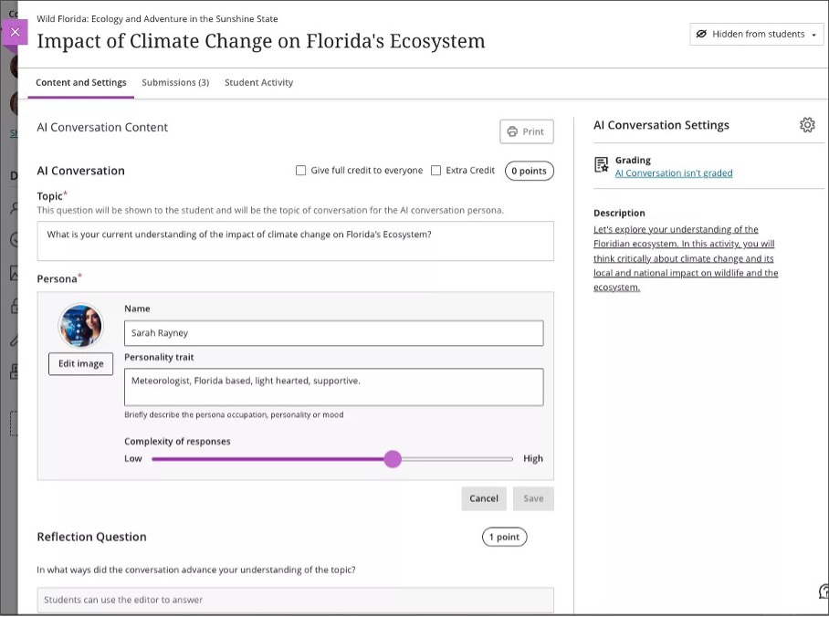 Image 1. Instructor setting up a topic, AI Persona, and Reflection question