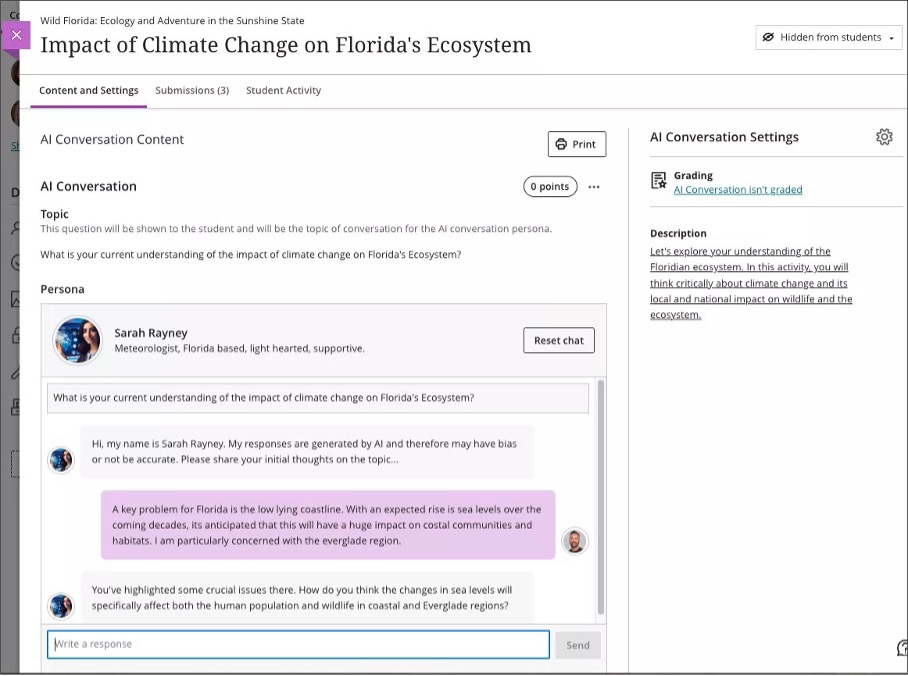 Image 2. Instructor previewing the AI Conversation before making it visible to students