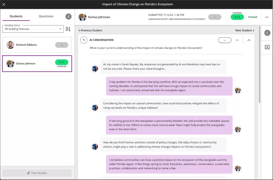 Image 4. Instructor view of a submitted AI Conversation and reflection question
