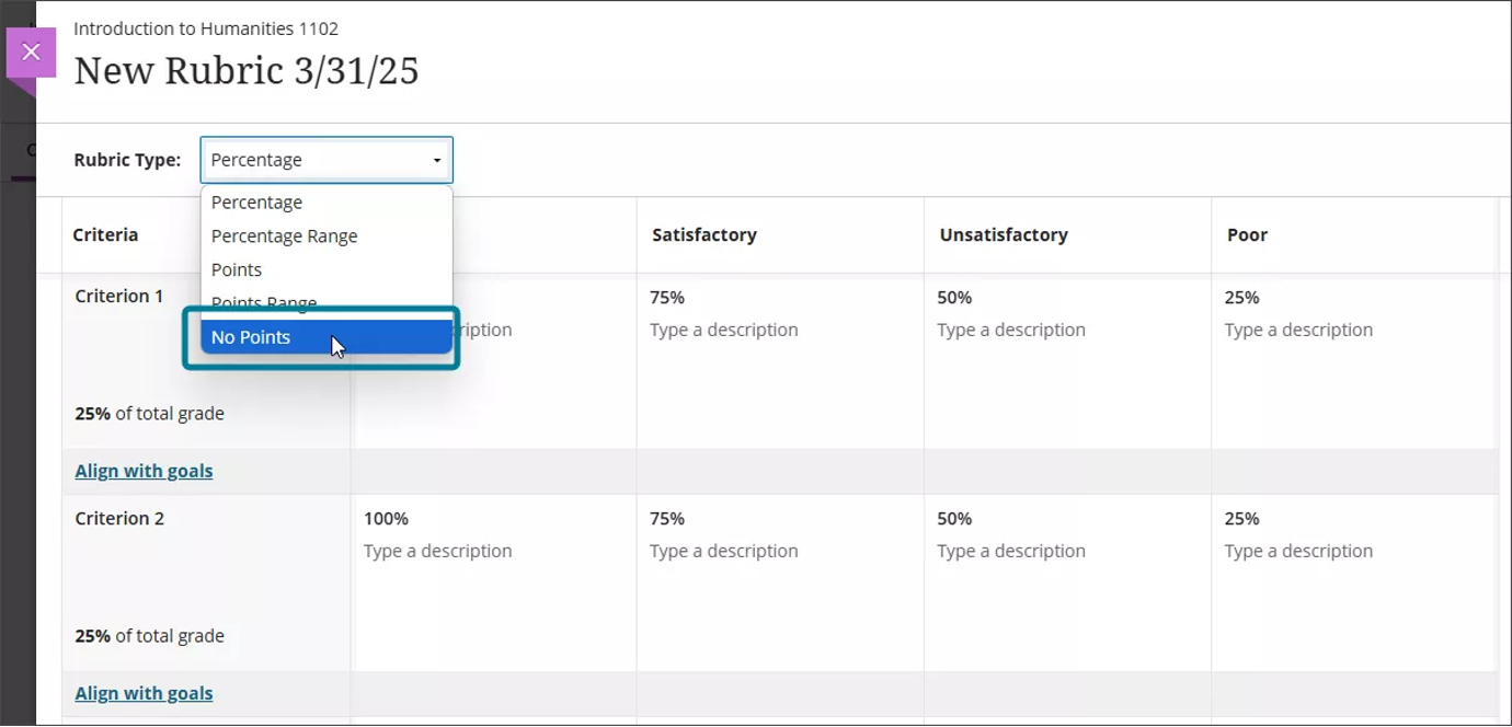 Image 1. “No Points” option in the Rubric Type dropdown. 