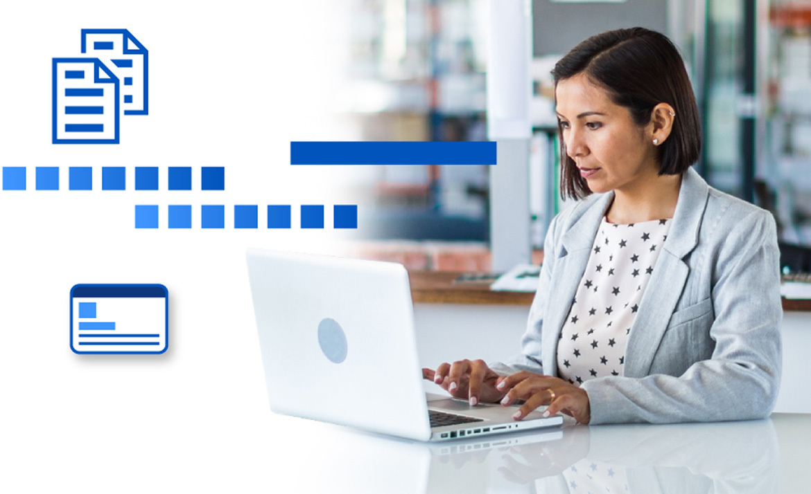 Photo of a woman working at a laptop with an illustration representing data availability