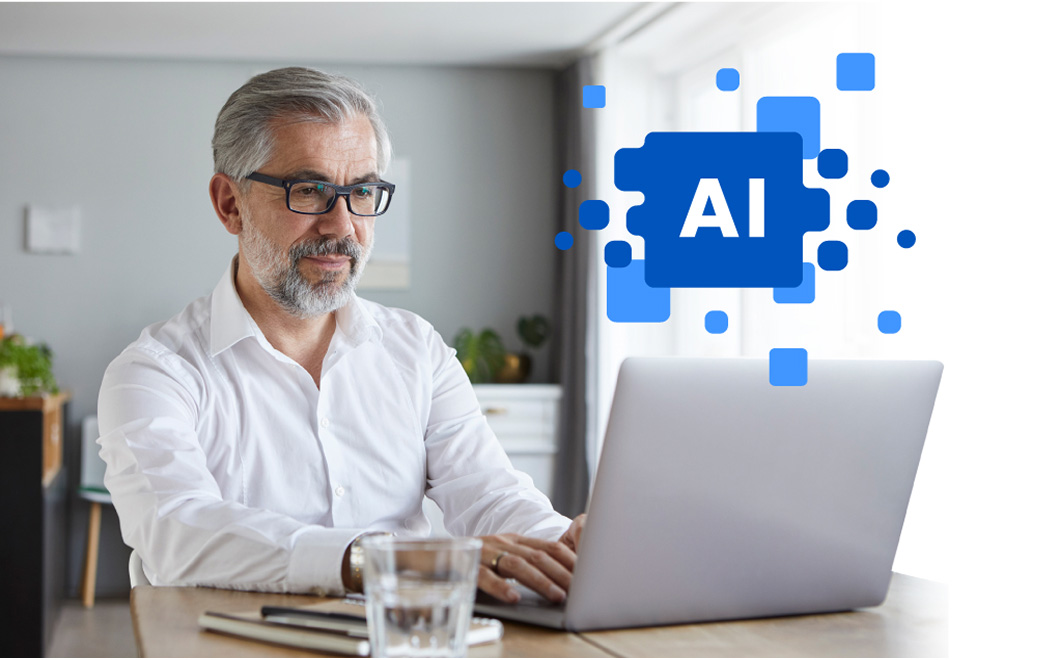 Photo of a man working at his laptop with an illustration over the top with the letters AI