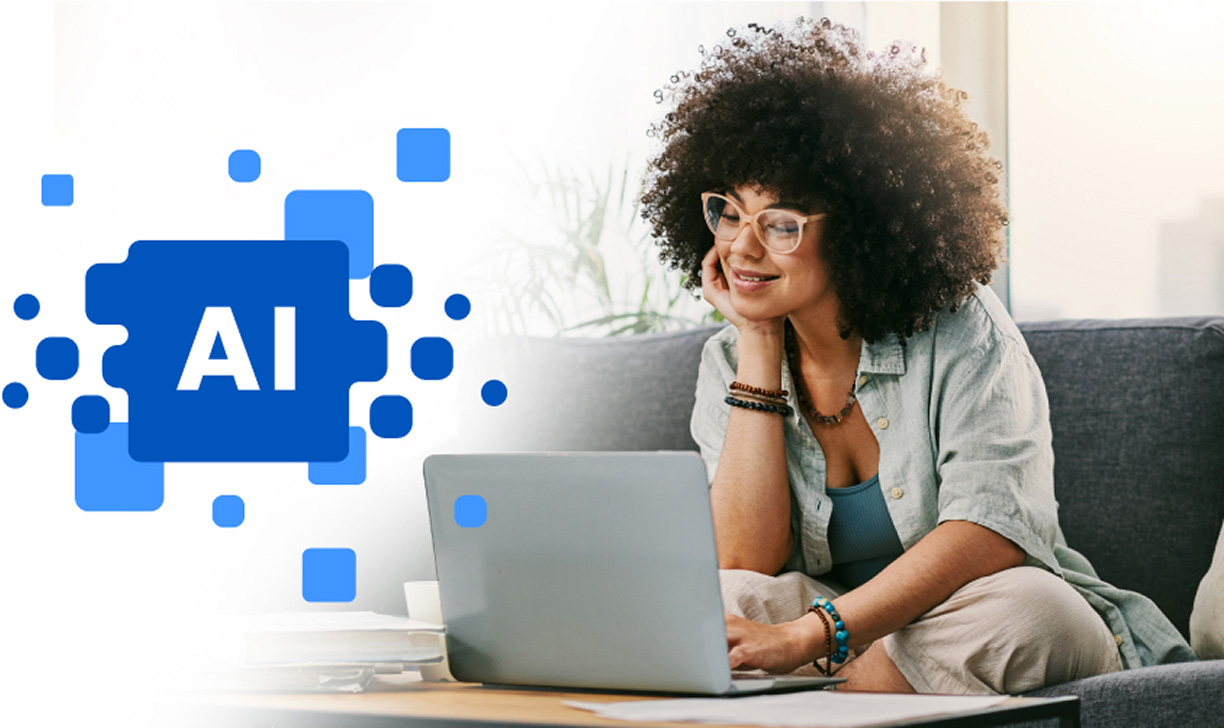 Photo of a woman working at her laptop with an illustration of square and the letters AI to the left